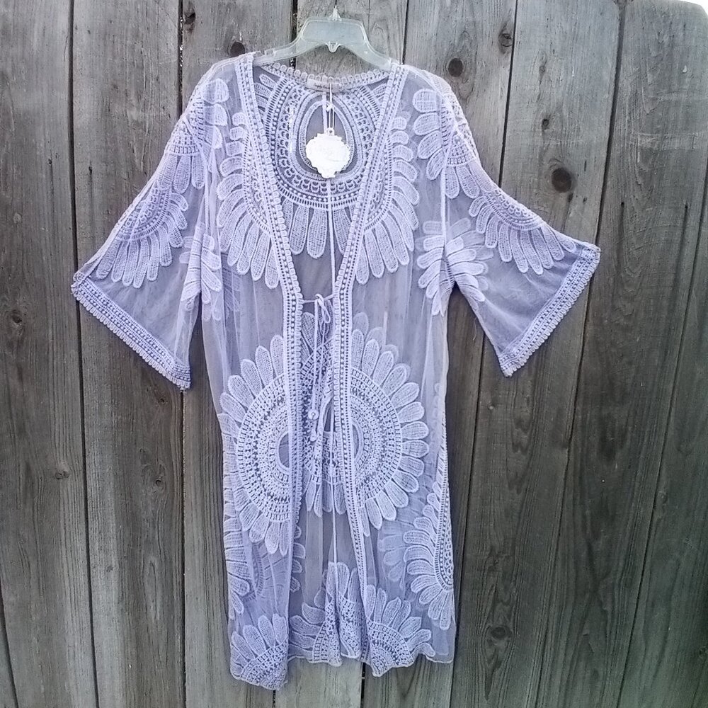 Simply Couture Kimono Womens Sz XL Lila Boho Lace Half Sleeve Open Tie Waist New